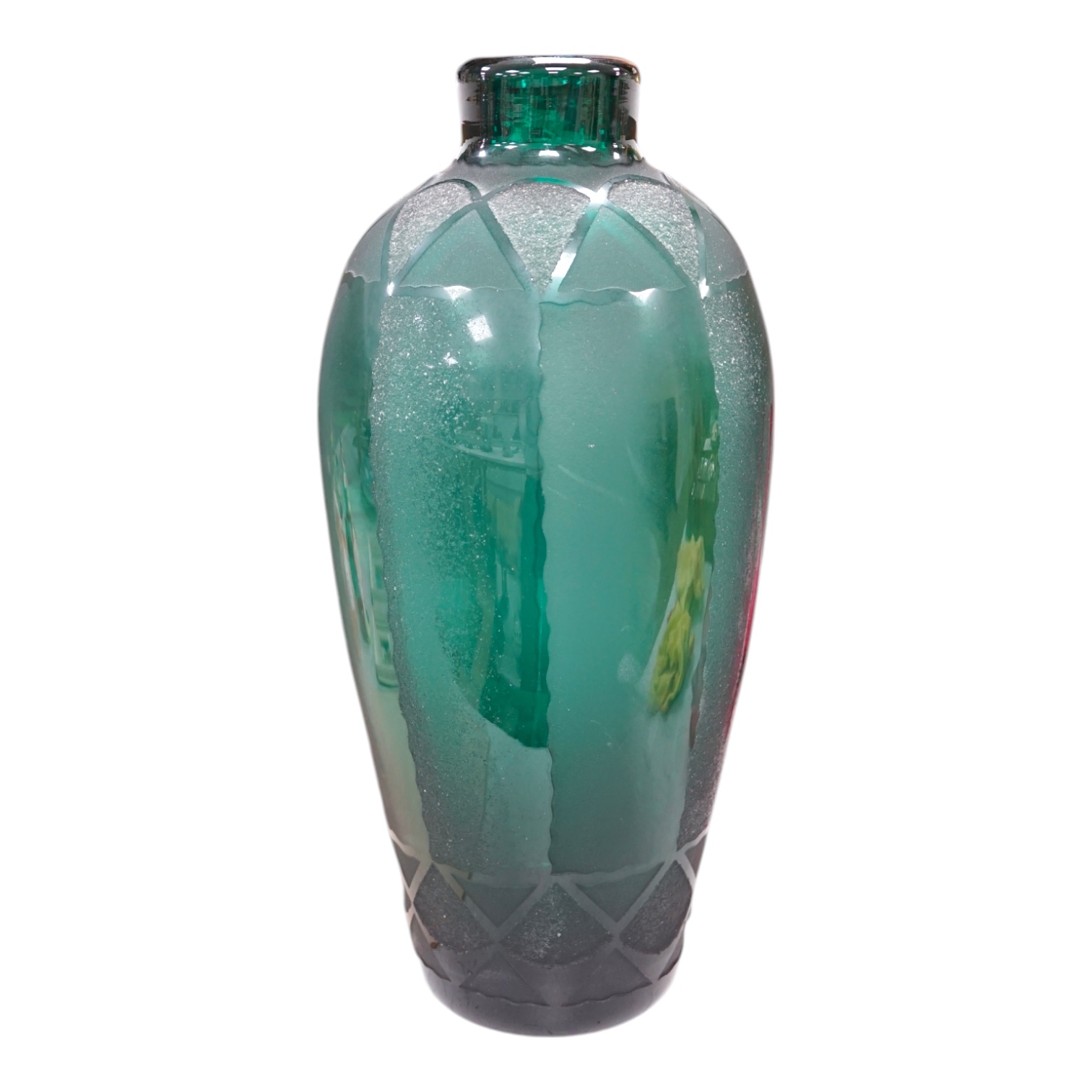 A French Art Deco etched green glass vase by Verart, 49cm high. Condition - good.